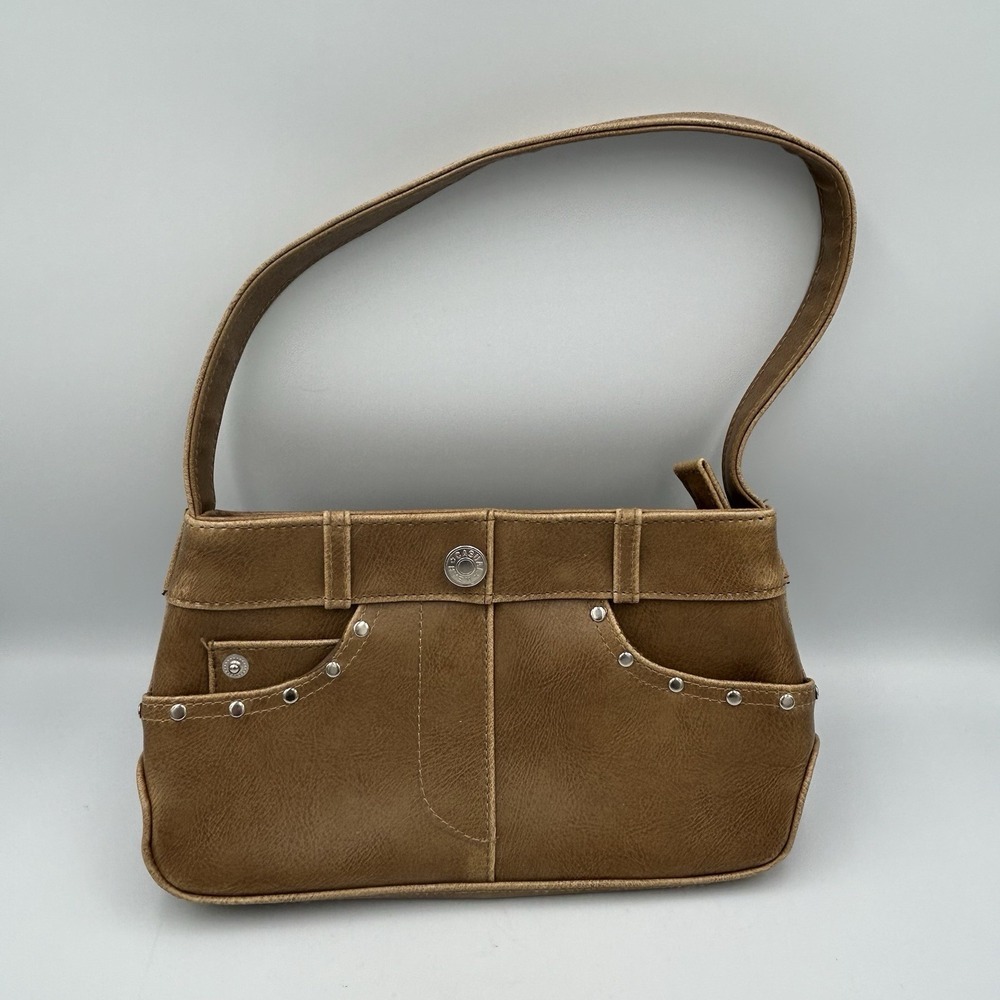 Y2K Brown Faux Leather Shoulder Bag Studded Jeans Pocket Baguette Purse